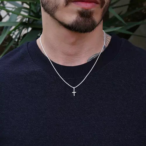 Corrente Veneziana Masculina 1mm + Pingente Mini Cruz - Prata 925