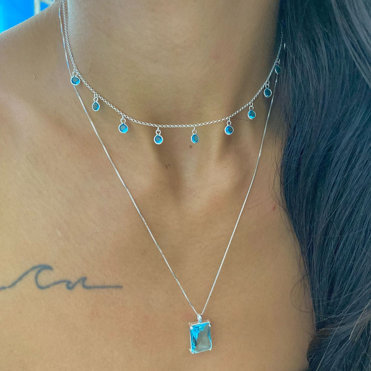 Choker Zircônias Azul 40 cm - Prata 925