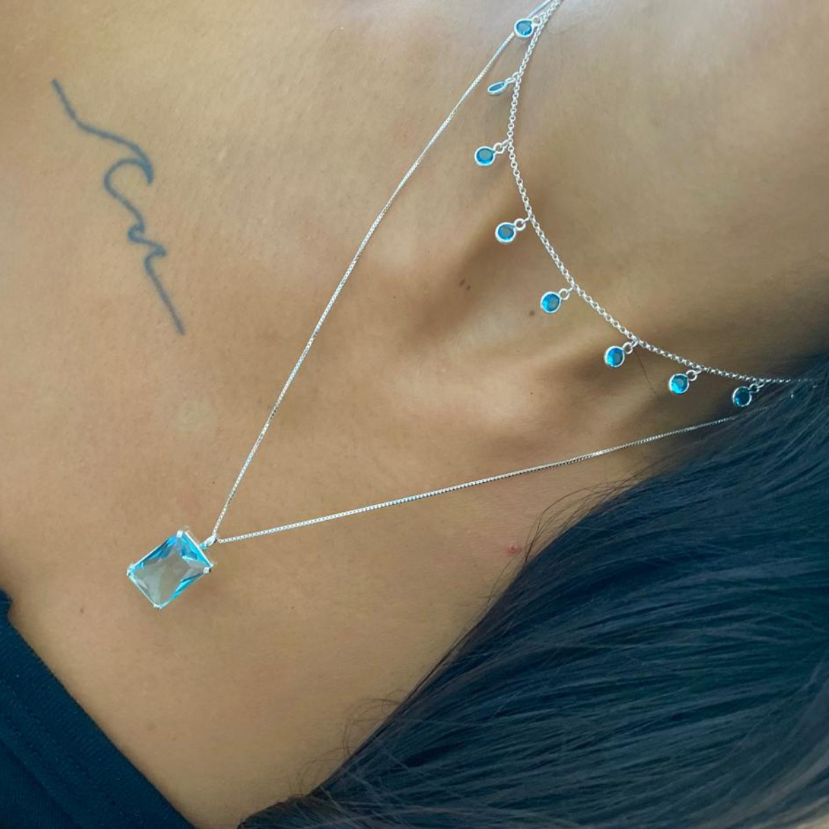 Choker Zircônias Azul 40 cm - Prata 925