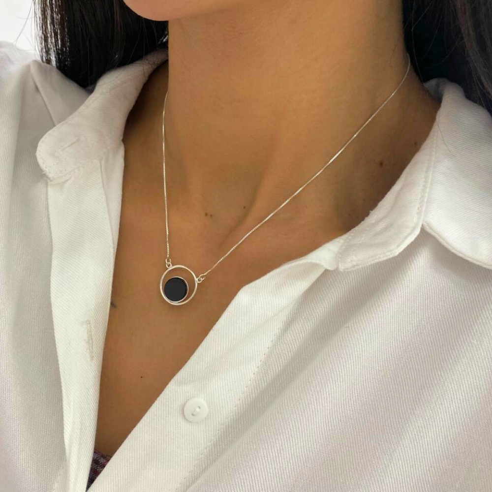 Colar Círculo com Pedra Natural - Prata 925 Legítima