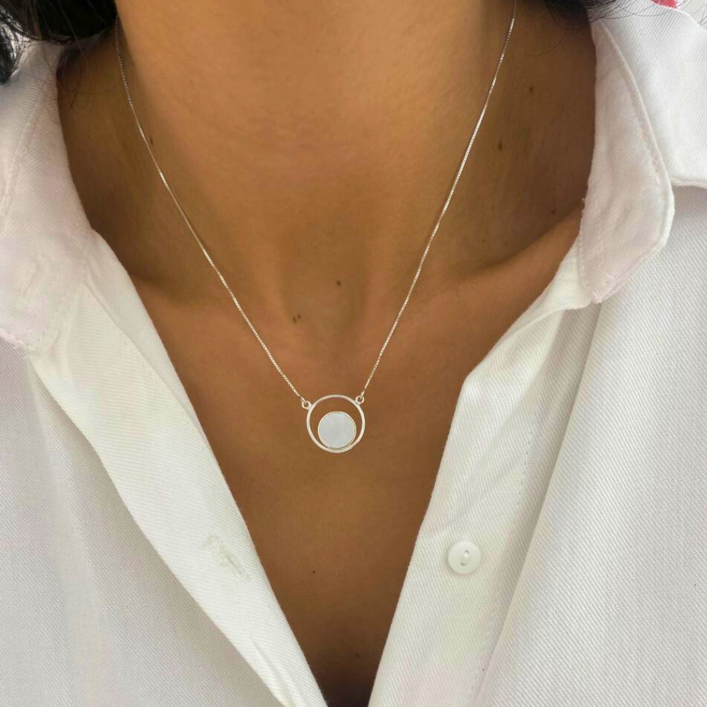 Colar Círculo com Pedra Natural - Prata 925 Legítima
