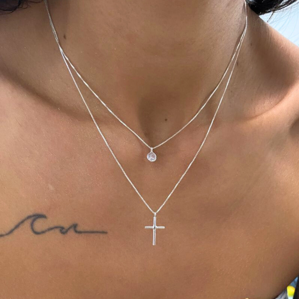 Colar Duplo Cruz + Ponto de luz - Prata 925 Legítima
