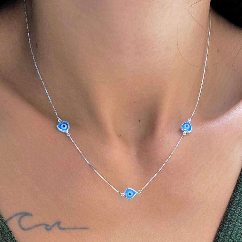 Chocker Olho Grego Coração - Prata 925 Legítima
